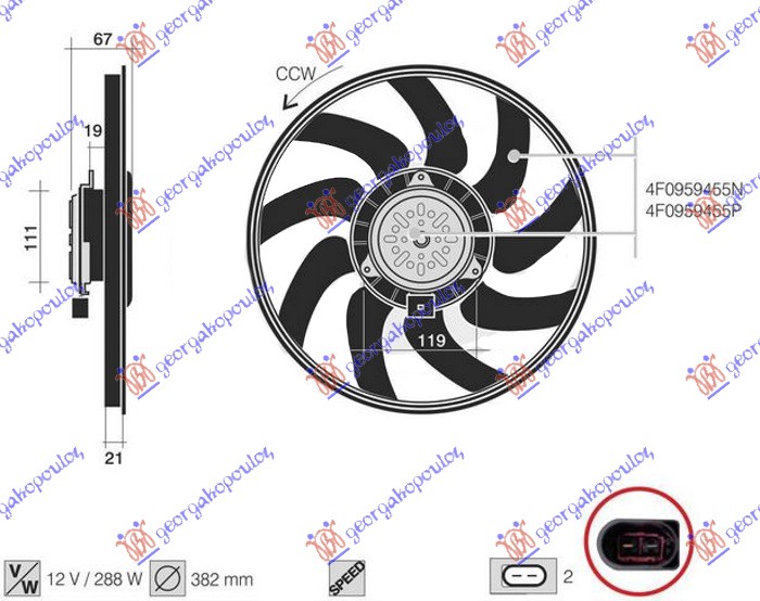 VENTILATOR (MOTOR+ELISA) (3.0 TFSI BENZIN) (382mm) (2 PIN)