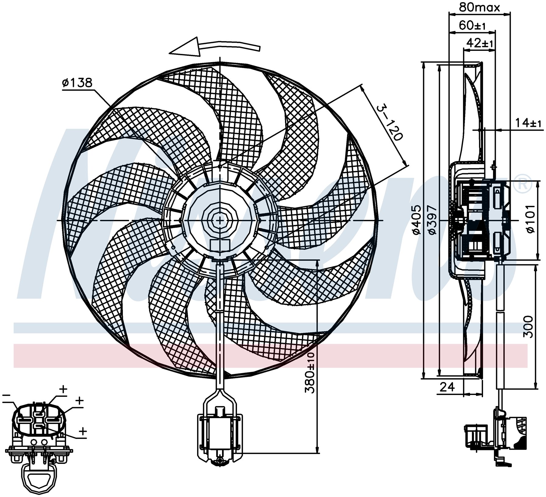 VENTILATOR (MOTOR+ELISA) (1.4/1.6/1.8 TURBO) (400mm) (4 PIN)